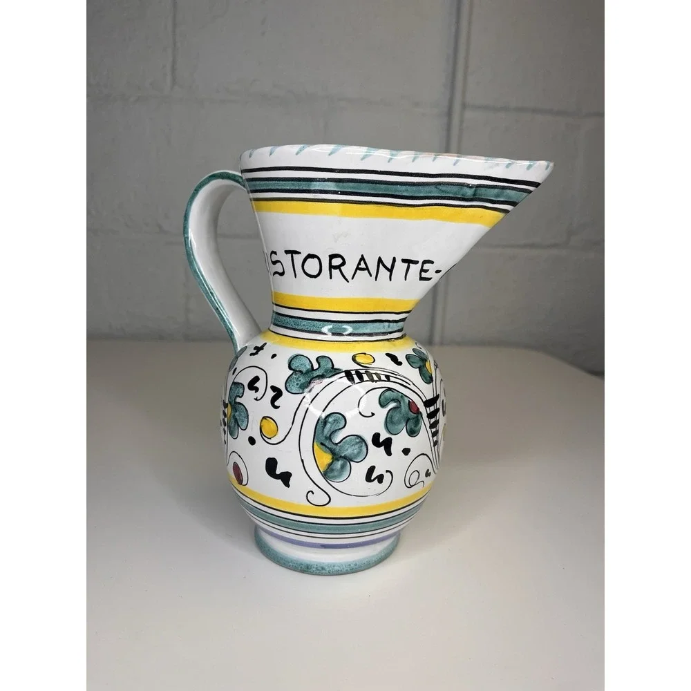 Deruta Pitcher Black Rooster Floral Jug Ristorante Gallo Nero Green Yellow Italy